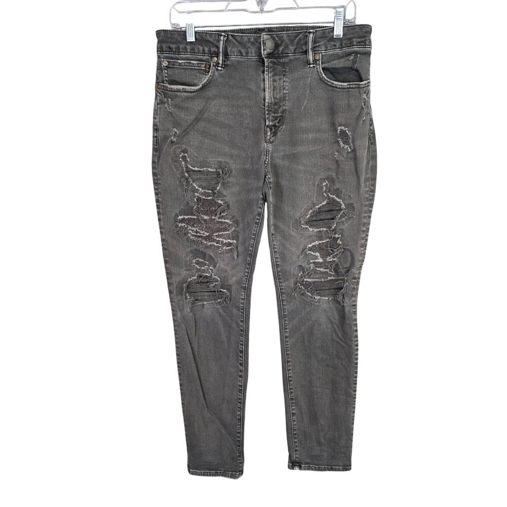 Mens American Eagle Gray Distressed Skinny Denim Jeans Cotton Stretch Size 32X30
